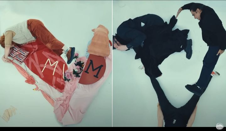 Split screen featuring two heart shapes made from Taskmaster contestants.