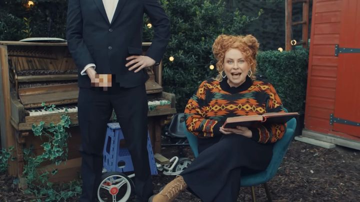 Amy Gledhill tells a story while Little Alex Horne holds something pixelated in front of his crotch