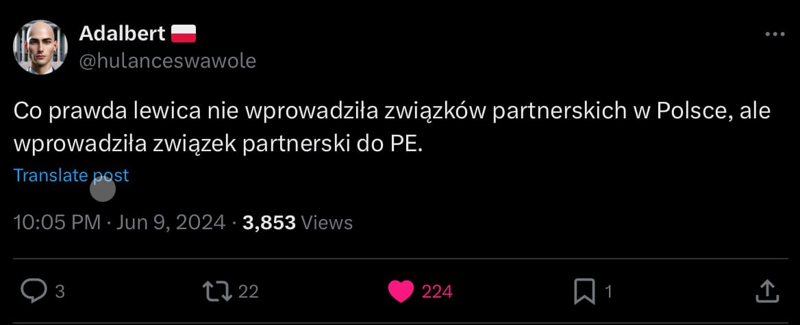 Tweet: "Co prawda lewica nie wprowadziła związków partnerskich w Polsce, ale wprowadziła związek partnerski do PE."