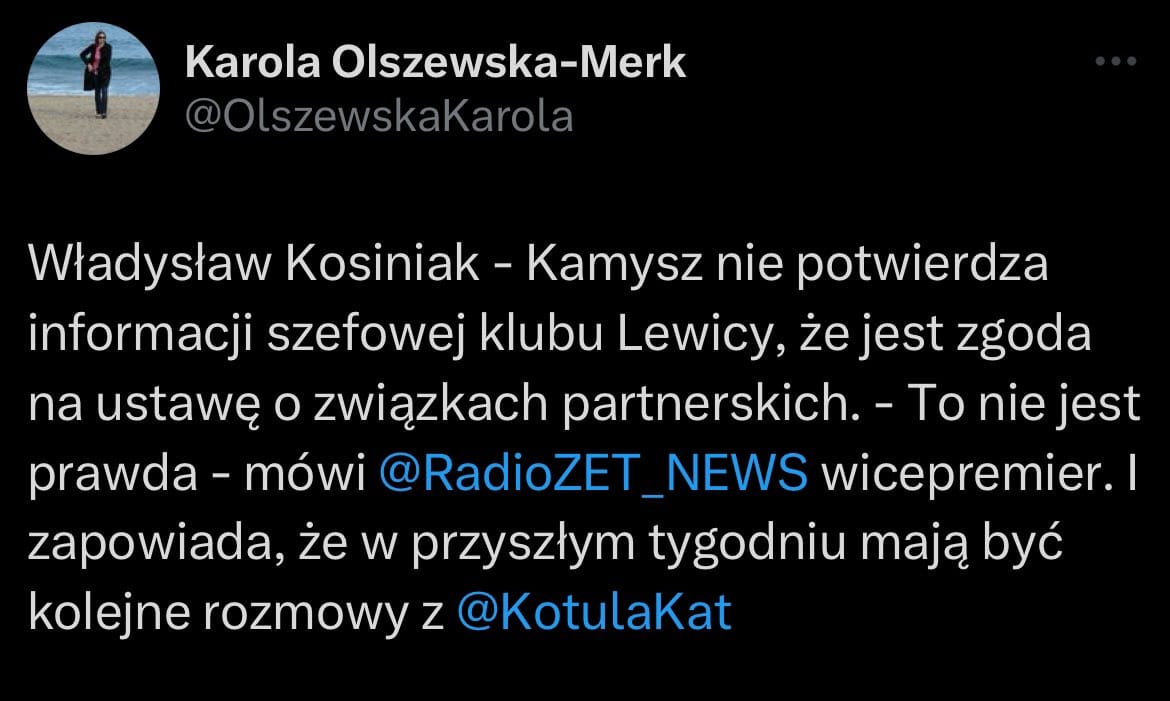 Władysław Kosiniak-Kamysz nie potwierdza informacji szefowej klubu Lewicy o zgodzie na ustawę o związkach partnerskich. W rozmowie z Radio ZET News wicepremier stwierdził: "To nie jest prawda". Dodał również, że w przyszłym tygodniu mają odbyć się kolejne rozmowy z Katarzyną Kotulą.