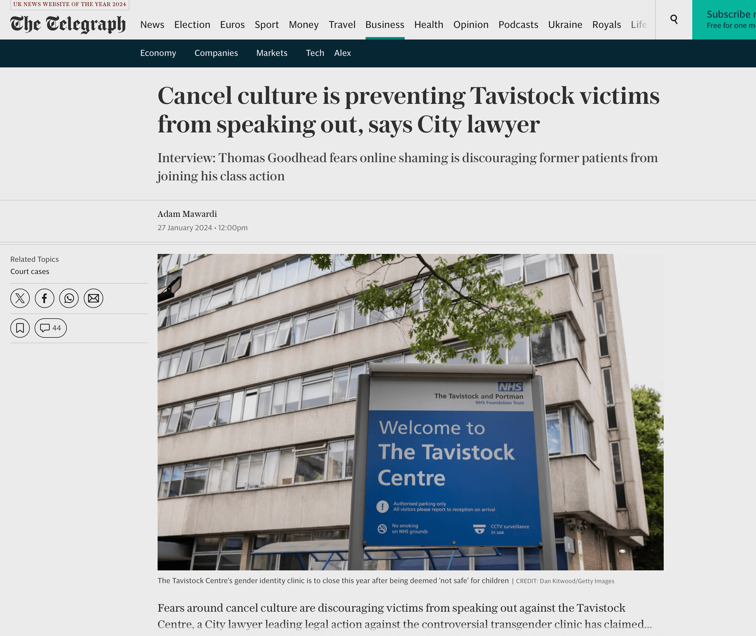 Artykuł z “The Telegraph” zatytułowany “Cancel culture is preventing Tavistock victims from speaking out, says City lawyer” został napisany przez Adama Mawardi i opublikowany 27 stycznia 2024 roku. Thomas Goodhead, prawnik z City, obawia się, że kultura unieważniania (cancel culture) i internetowe napiętnowanie zniechęcają byłych pacjentów do przyłączenia się do jego pozwu zbiorowego przeciwko Tavistock Centre, kontrowersyjnej klinice zajmującej się tożsamością płciową.