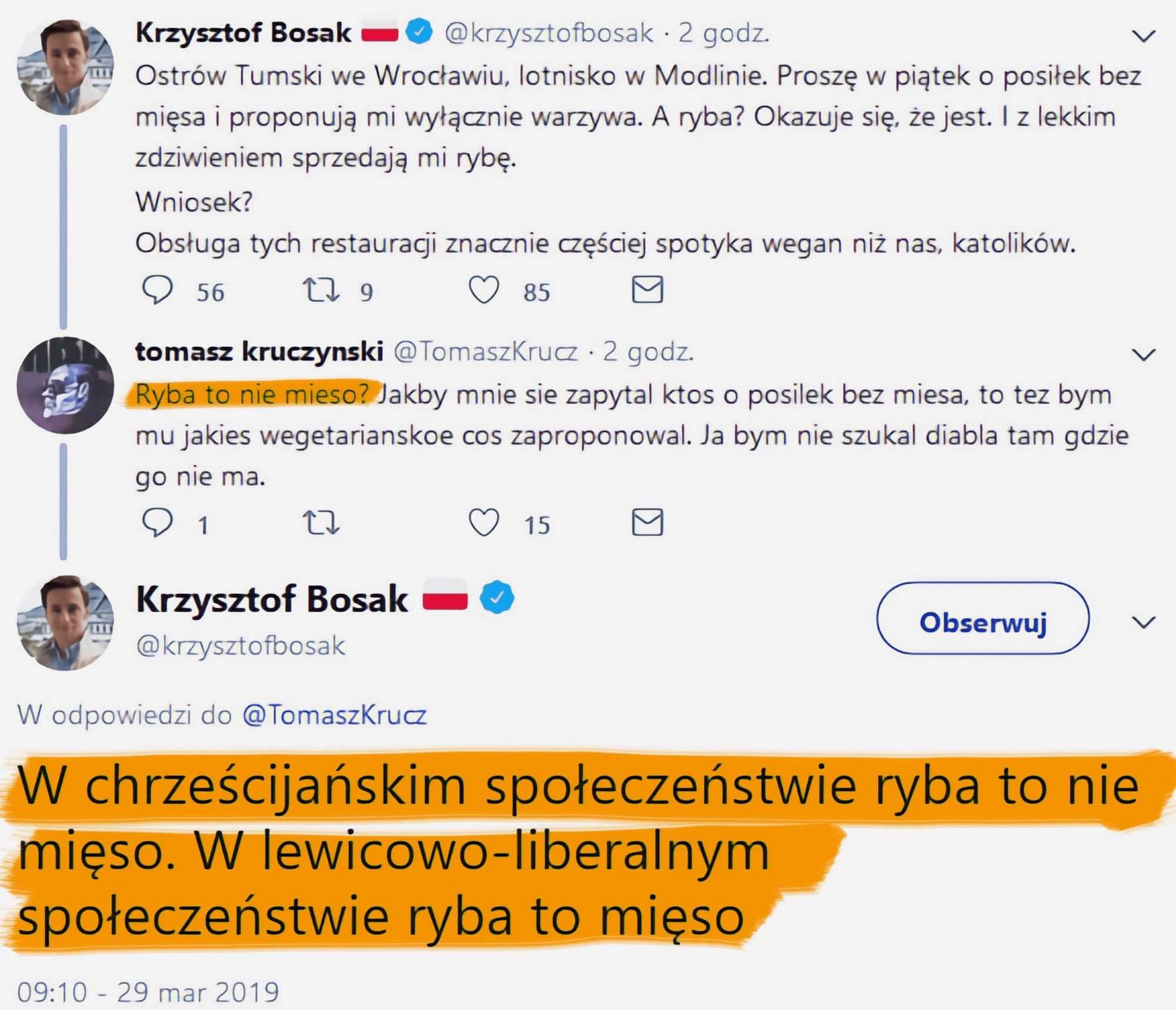 Obraz przedstawia zrzut ekranu z Twittera, zawierający wymianę zdań między użytkownikami.
Główny tweet pochodzi od Krzysztofa Bosaka, który opisuje sytuację, w której poprosił o posiłek bez mięsa i zaproponowano mu rybę. Wnioskuje, że obsługa restauracji częściej spotyka wegan niż katolików.
Na ten wpis odpowiada użytkownik Tomasz Kruczyński, pytając, czy ryba to nie mięso i sugerując, że również zaproponowałby danie wegetariańskie osobie proszącej o posiłek bez mięsa.
Bosak odpowiada mu, pisząc:
"W chrześcijańskim społeczeństwie ryba to nie mięso. W lewicowo-liberalnym społeczeństwie ryba to mięso."
Wypowiedzi zawierają podkreślone na żółto frazy, takie jak "ryba", "to nie", "to mięso", co wskazuje na kluczowe elementy dyskusji.