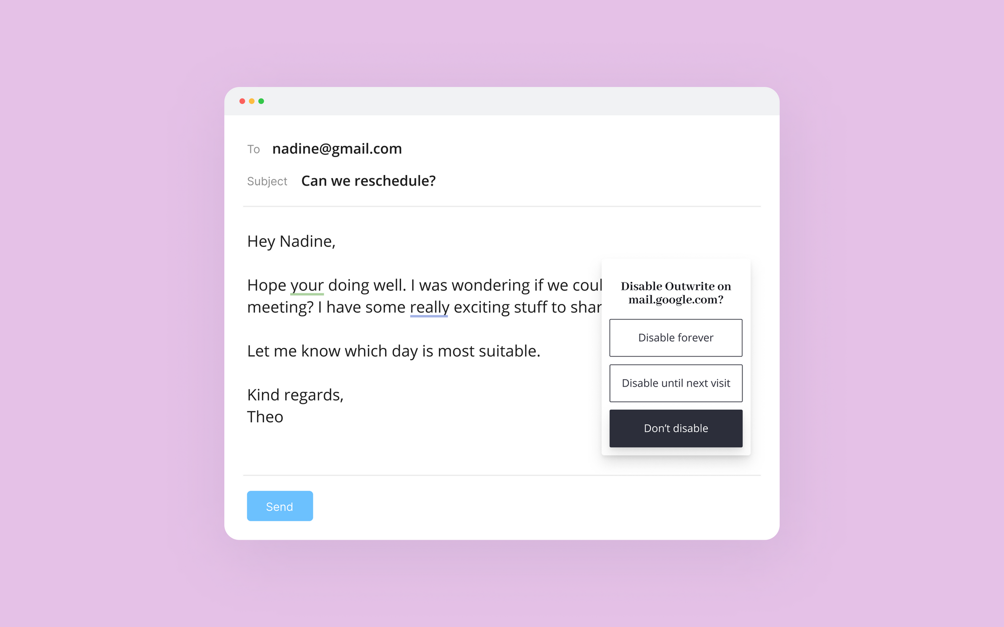Image of an email. Pop up message asks if the user wishes to disable the extension.
