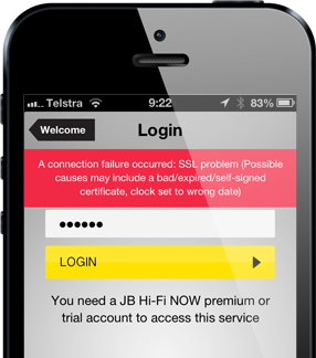 The JB Hi-Fi app warning of an invalid certificate