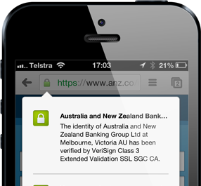 The ANZ website in mobile Chrome showing certificate information