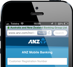 The ANZ website in mobile Safari showing the padlock icon