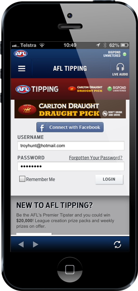 Logging in to the AFL footy tipping app