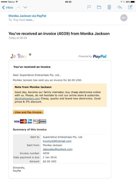 PayPal spam email in a $0 invoice