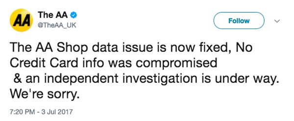 The AA Shop data issue is now fixed, No Credit Card info was compromised & an independent investigation is under way. We're sorry.