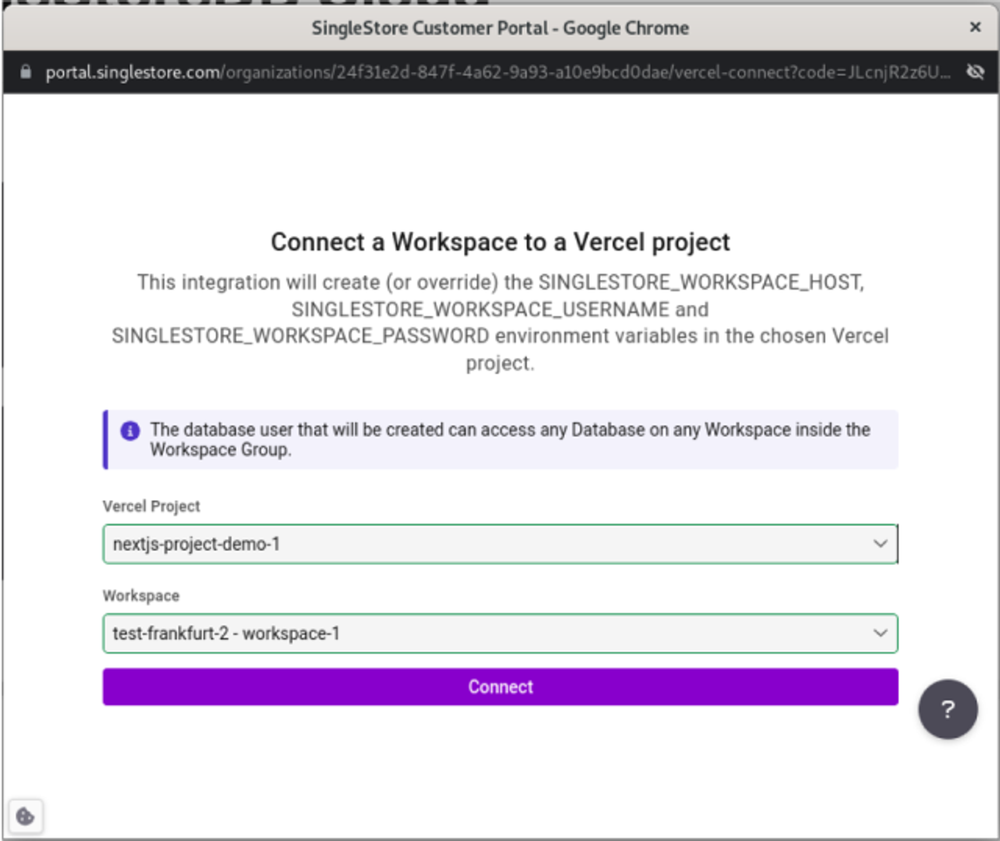 Screenshot of the initial screen of the SingleStoreDB Cloud Vercel integration