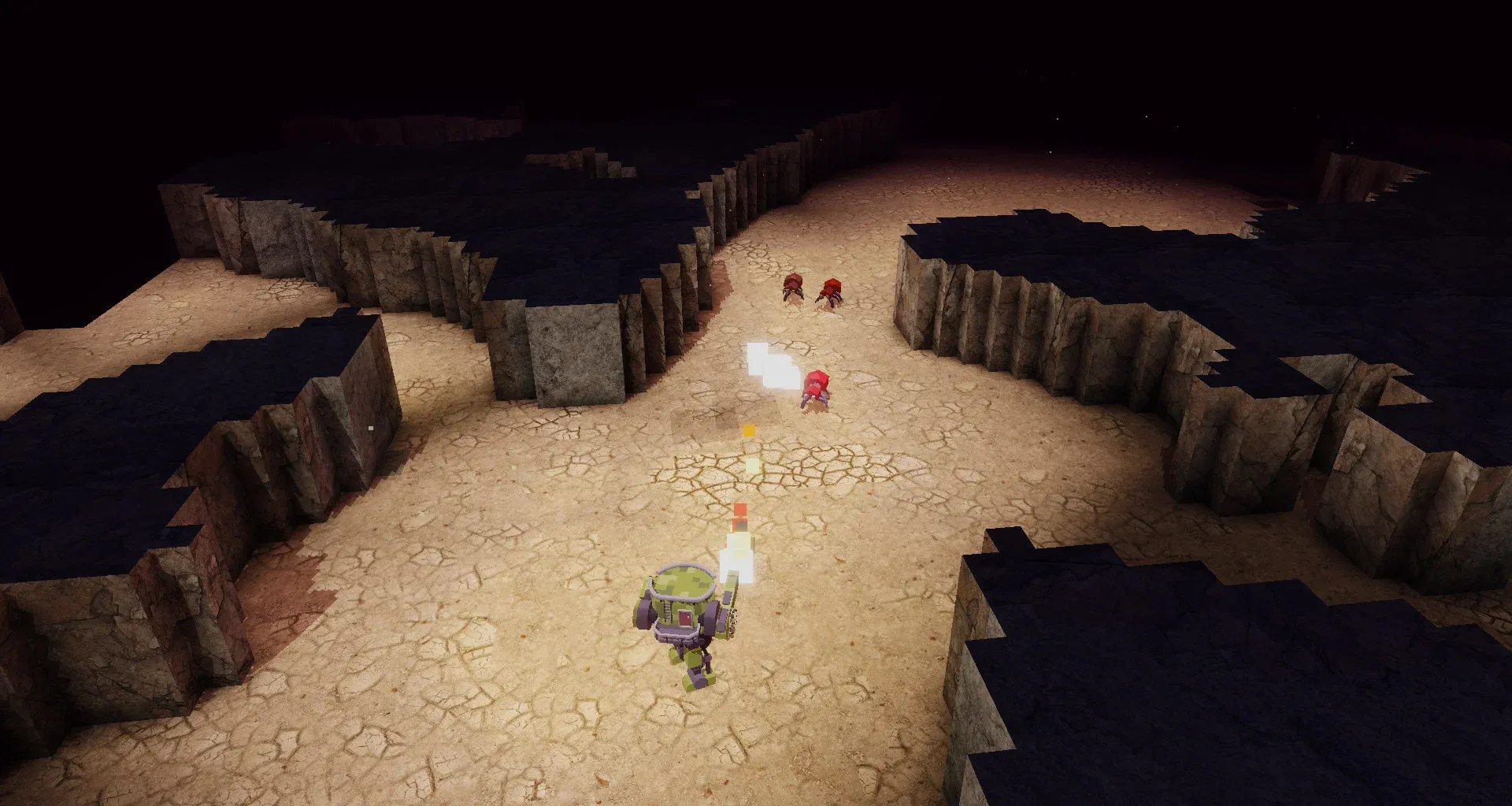 An isometric camera view of a mechanical suit blasting away small ant-like creatures in a twisting and labyrinthine system of caves spreading out in each direction.