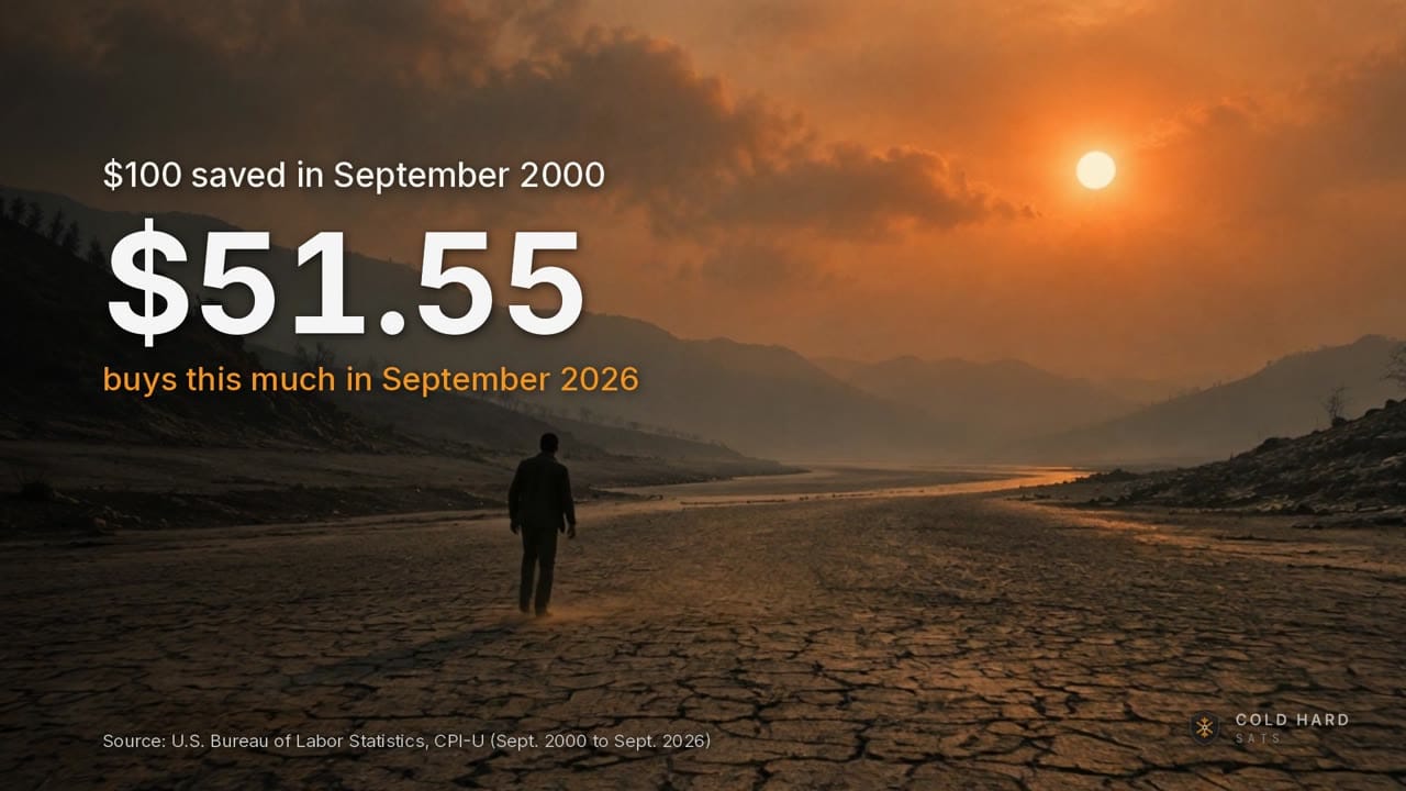 A lone walker on a cracked desert road at sunset, with "$51.55" on screen