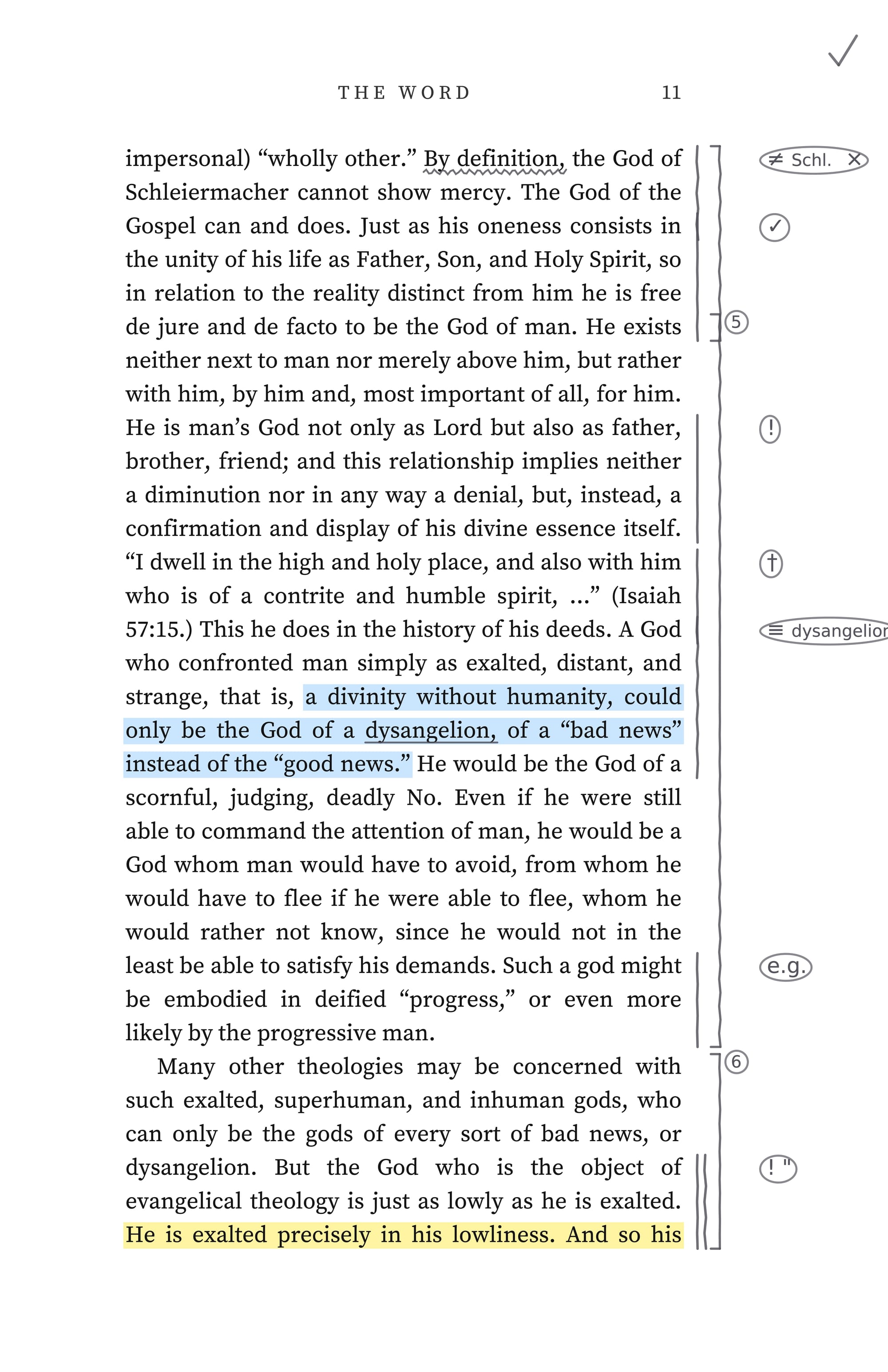 Page 11 of Barth’s Evangelical Theology after harvest. Every type mark and bracket numeral in the margin is circled; a new exclamation point stands beside the sentence beginning “He is man’s God”; a tick is drawn in the top outer corner.