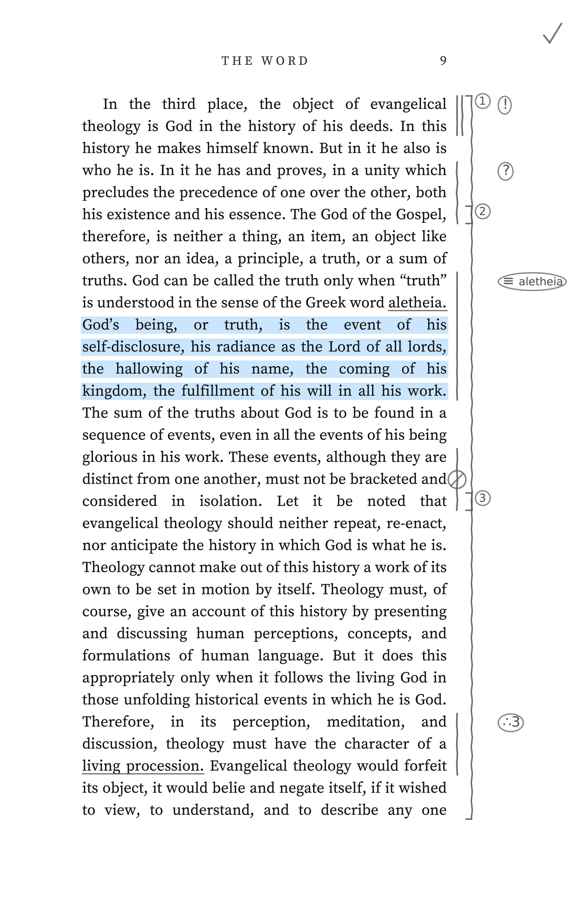 Page 9 of Barth’s Evangelical Theology, with pencil marks in the outer margin: a double line and exclamation point at the opening sentence, numbered brackets 1 to 3, a question mark, a definition mark with the term aletheia, a blue highlight over the definition of truth, and a therefore-sign numbered 3 near the foot.