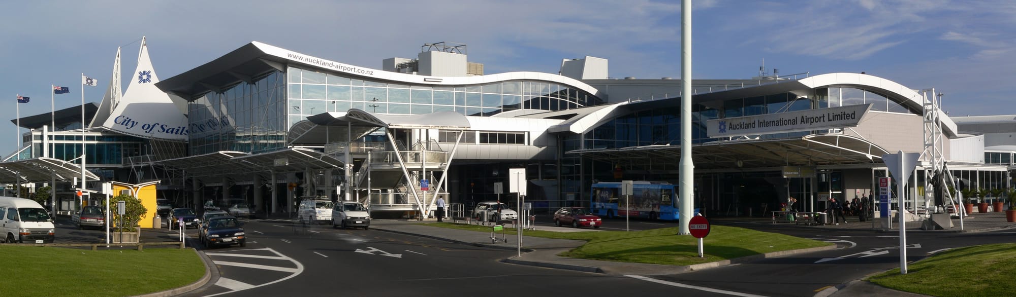 Panoramic archive view of Auckland Airport's international terminal exterior.