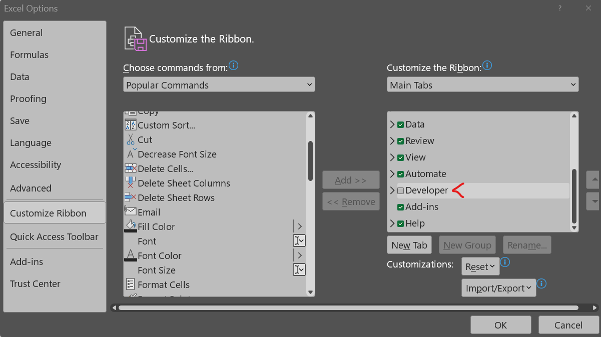 The Excel Option window showing how to click on the Developer icon to enable it.
