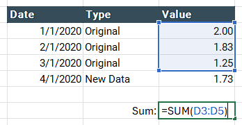 Excel array highlighted but not covering all the values that should be.