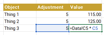 The same spreadsheet as before but the 5 is now in a visible cell.
