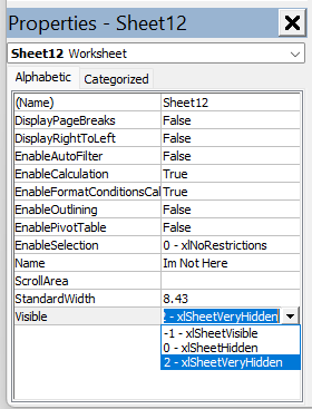 The VBA worksheet properties window showing a Very Hidden sheet option.