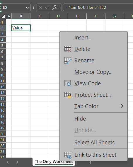An Excel screenshot showing no sheets to Unhide even though you can see the selected cell points to a sheet nowhere in the model.