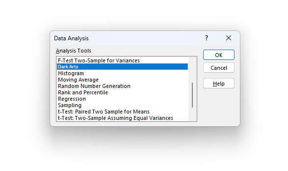 The Excel "Data Analysis" window with the fake option "Dark Arts" selected as a joke.
