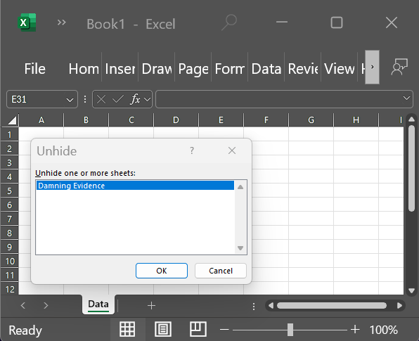 A worksheet Unhide window showing a hidden worksheet called "Damning Evidence" as a joke.