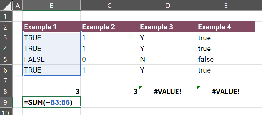 Excel showing how the "--" converts true/false into 1/0. Other columns show Y/N strings and lowercase true/false returning #VALUE! errors.