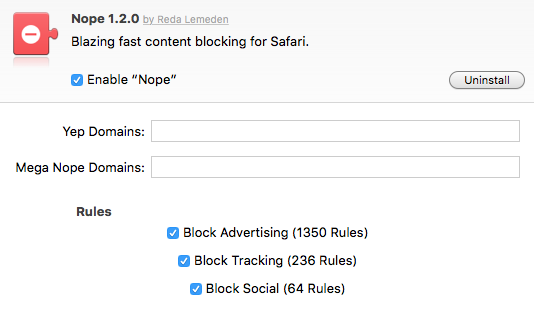 Einstellungen des Safari Content Blocker "Nope" für OSX
