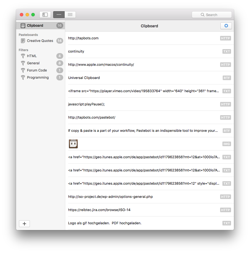 Pastebot Clippings - das Hauptfenster