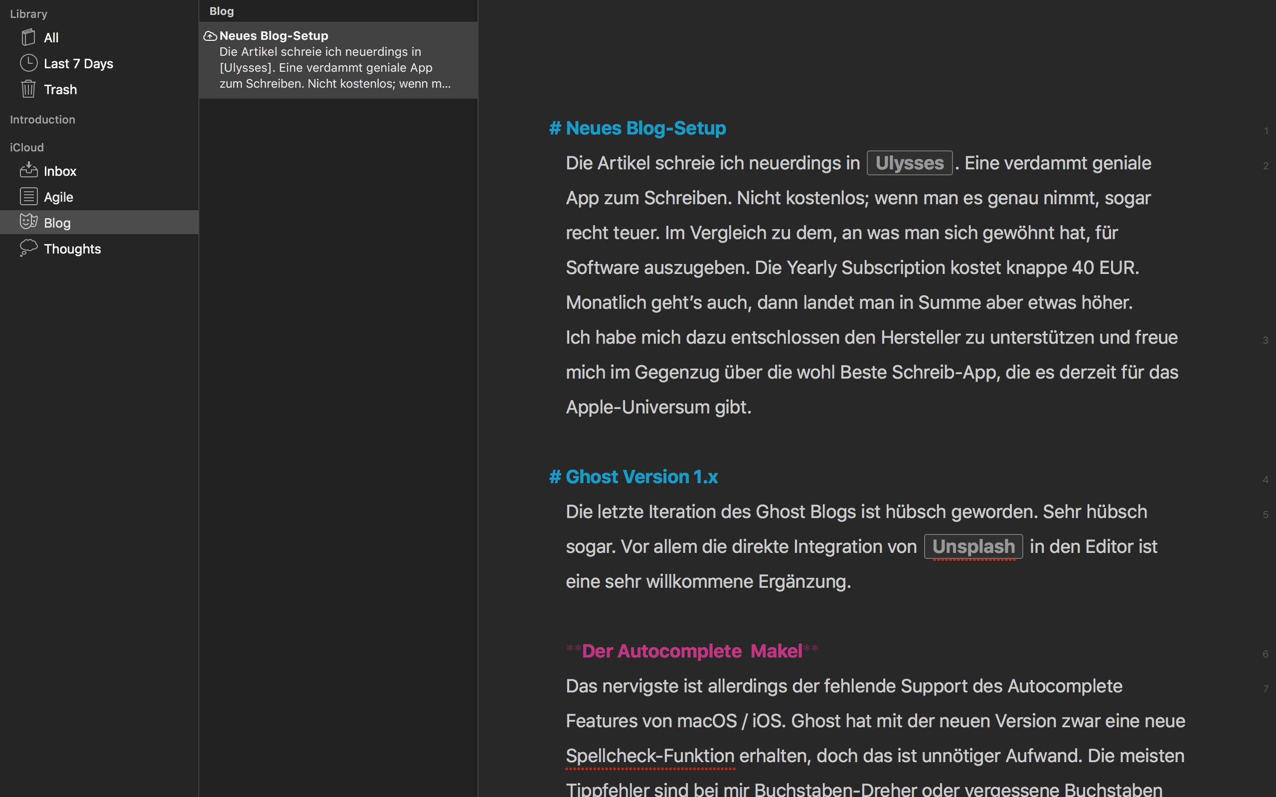 Ulysses Edit-Modus mit Night-Theme