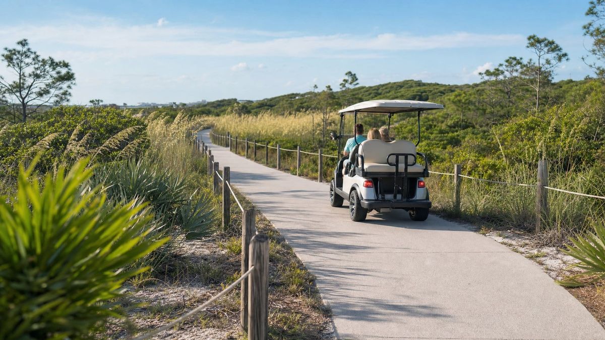 Scenic Highway 30A coastal street with low-speed vehicle in South Walton
