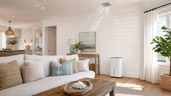 Bright 30A coastal cottage interior with portable dehumidifier and ceiling AC vent