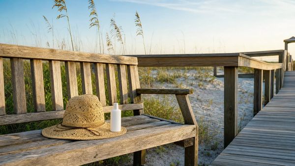 Sun hat and sunscreen on a South Walton dune boardwalk in morning light