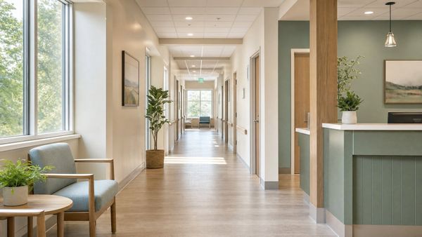 Bright inland community medical clinic corridor near exam rooms
