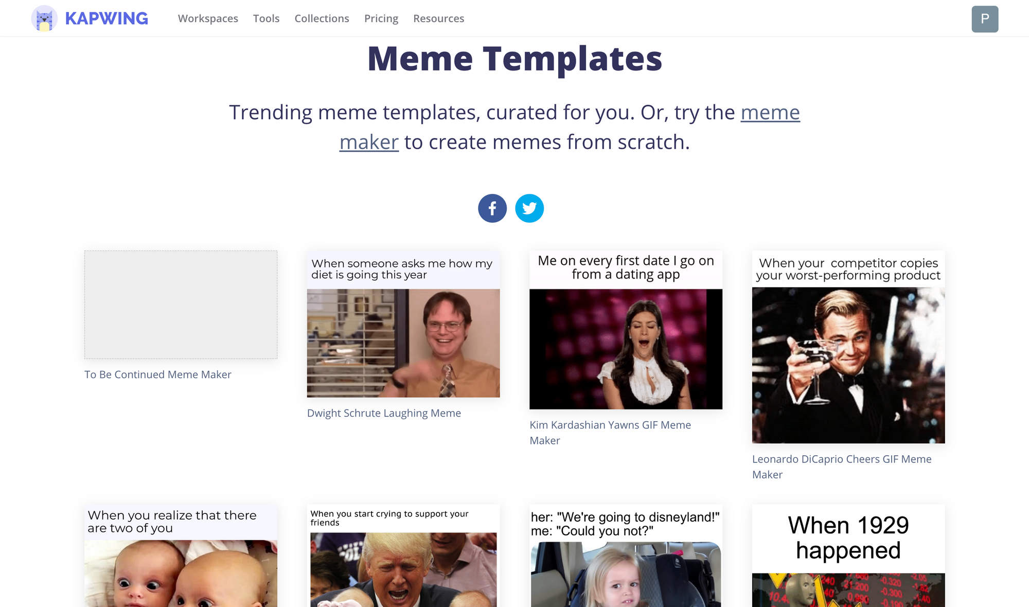 A screenshot of the Kapwing Meme Maker homepage. 