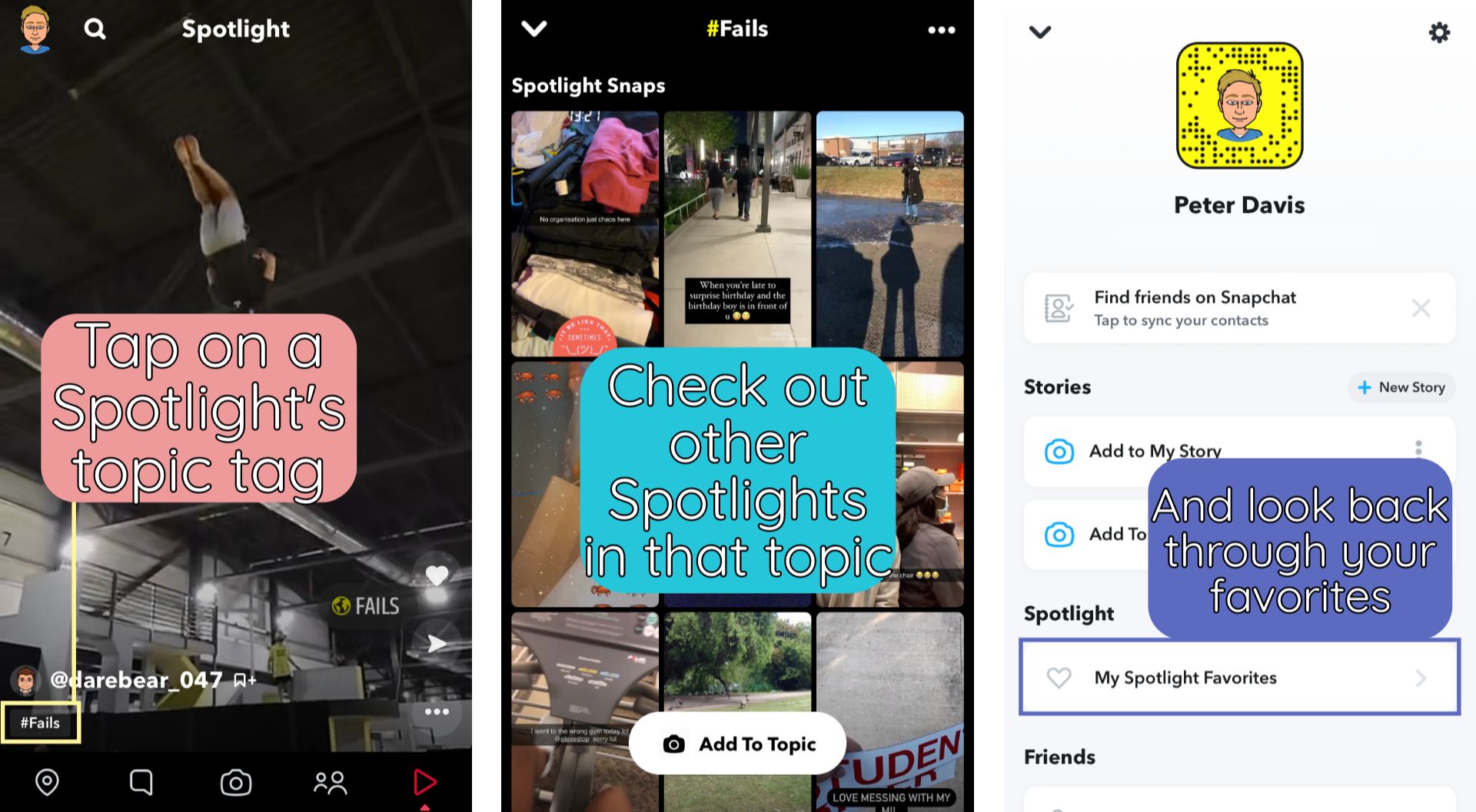 Screenshots showing how to browse Topics and Favorites in Spotlight. 