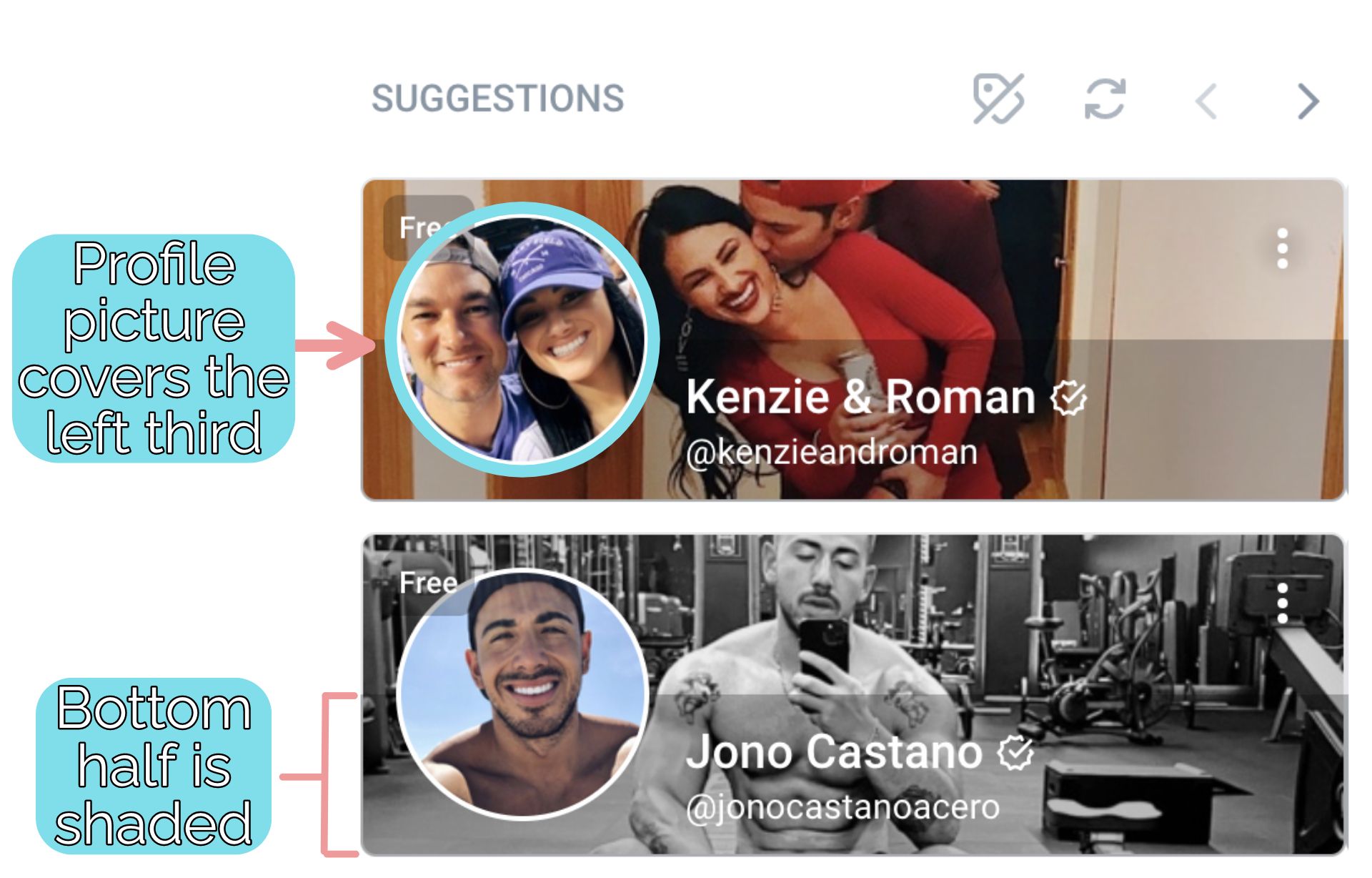 Annotated screenshot showing how OnlyFans banners are covered when displayed as suggestions. 