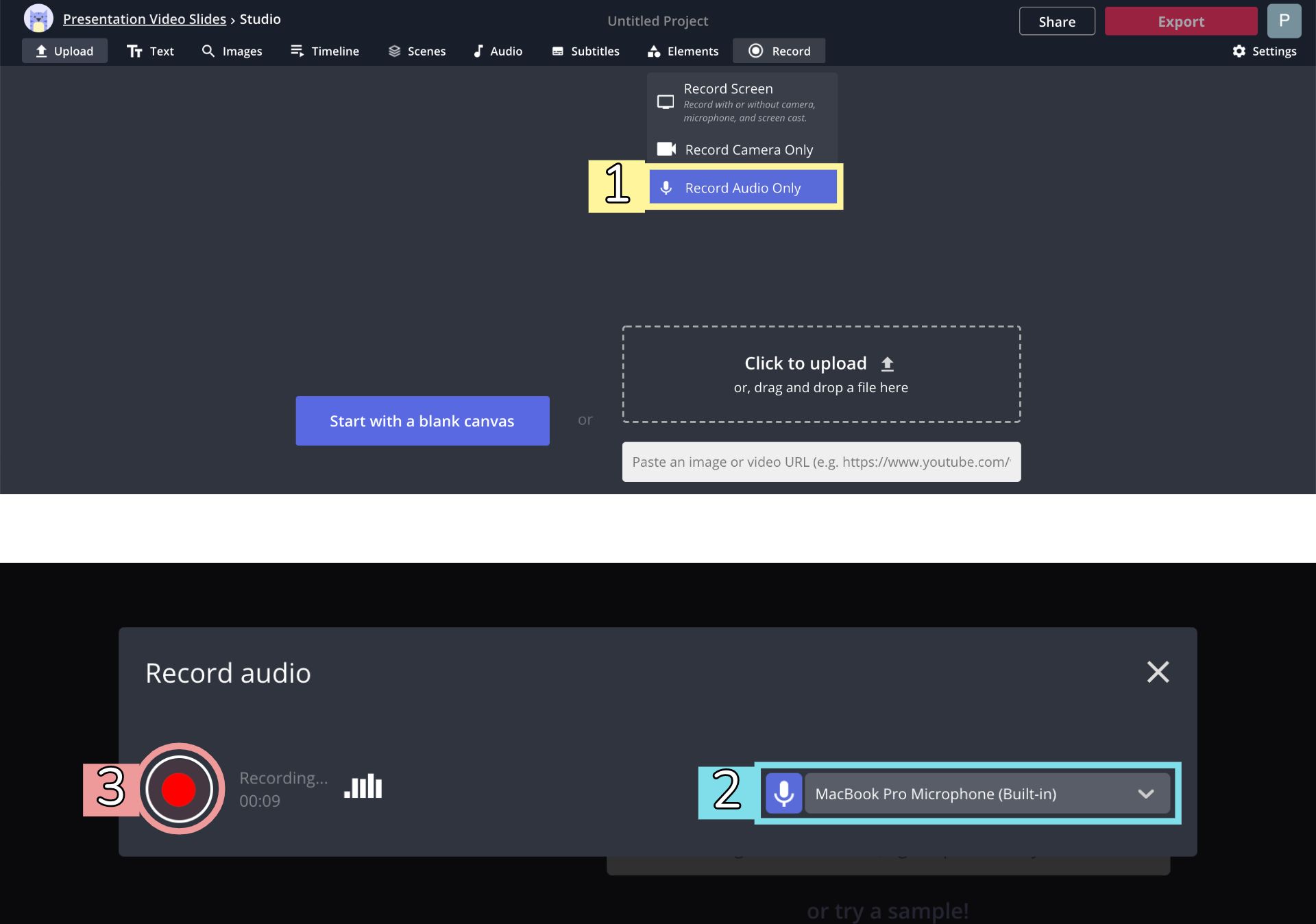 Screenshots demonstrating how to record audio in the Kapwing Studio.