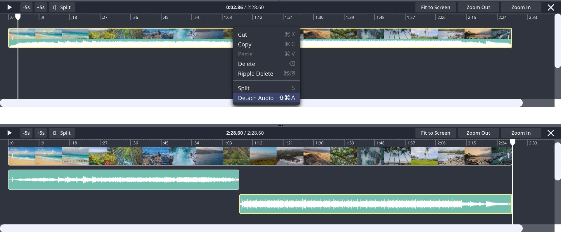 Screenshots showing how to detach and split audio layers in Kapwing.
