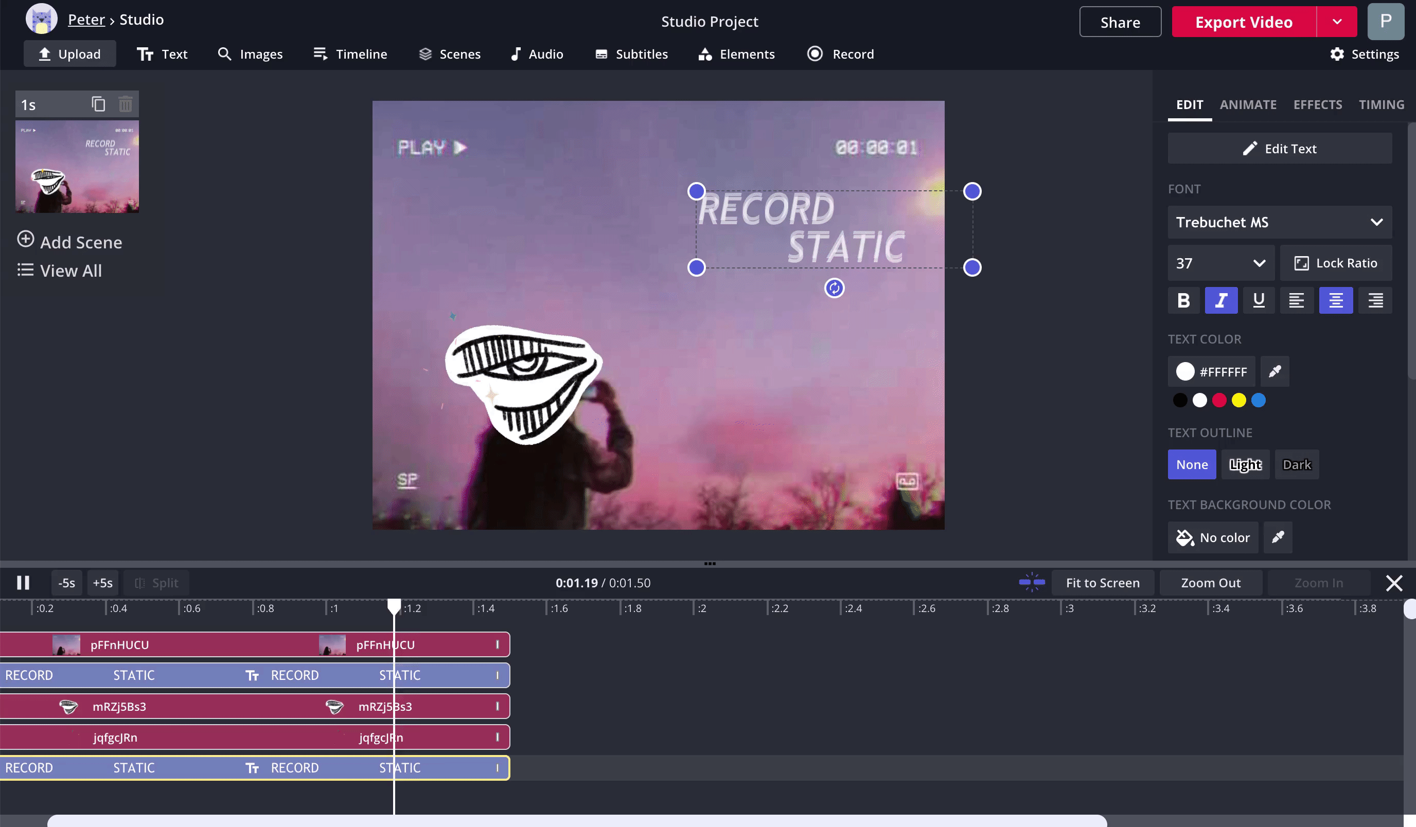 A screenshot showing how to add and edit text in the Kapwing Studio. 