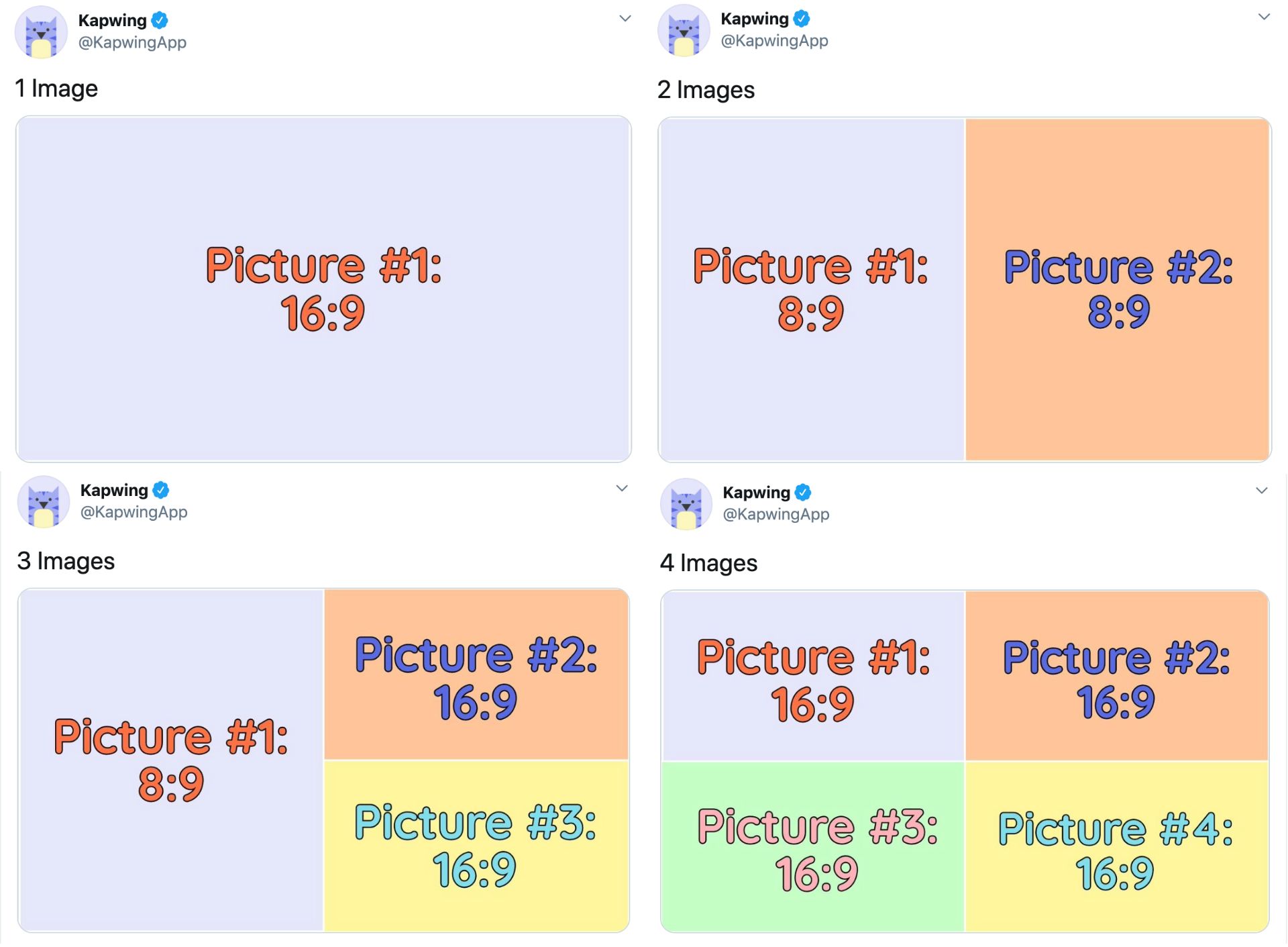 A set of screenshots demonstrating the crop sizes for Tweets with multiple photos. 