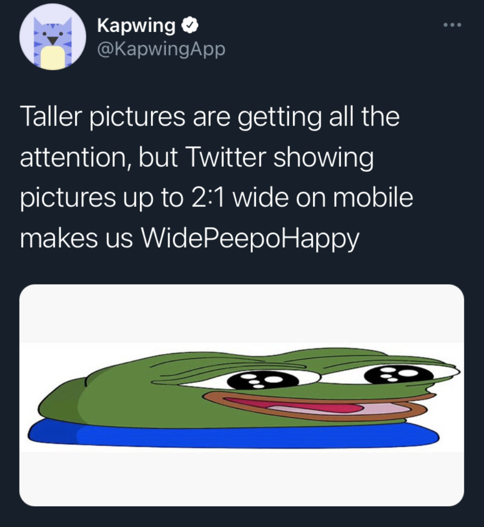 A screenshot of a Tweet using the WidePeepoHappy emote to demonstrate Twitter's new crop rule for wide pictures. 