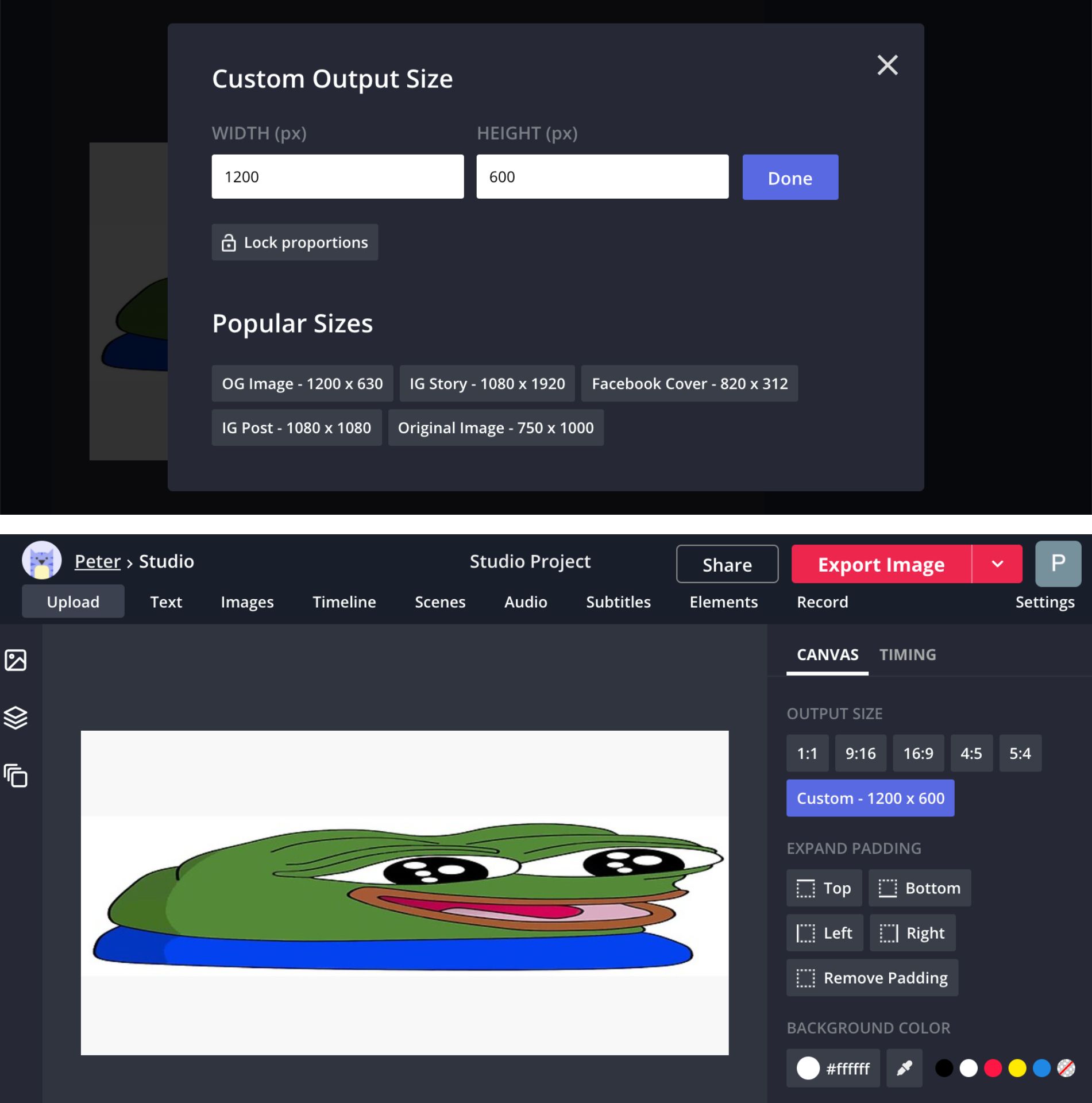 Screenshots demonstrating how to resize images to 2:1 in the Kapwing Studio. 