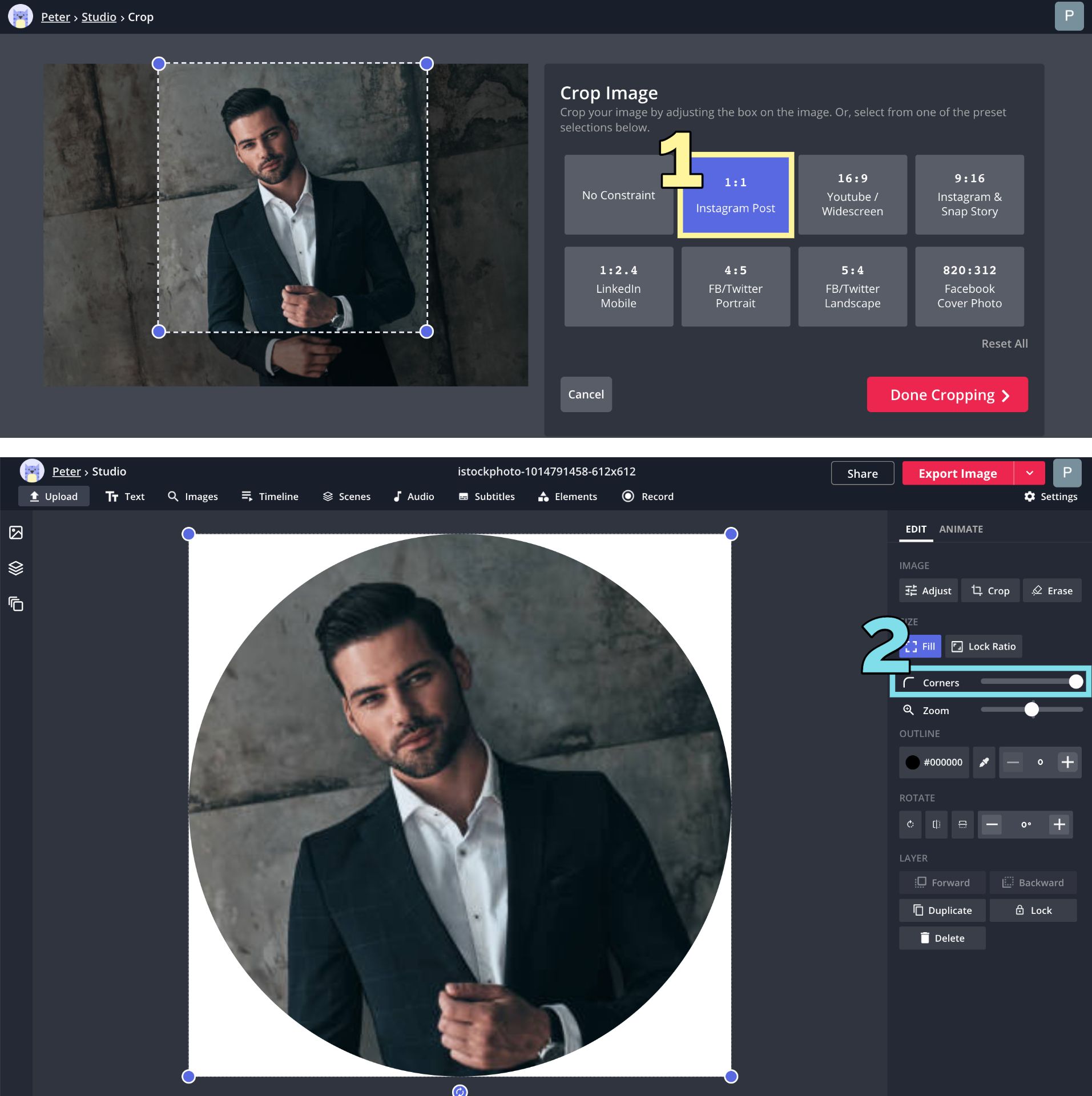 Screenshots showing how to crop an image to a circle in the Kapwing Studio. 