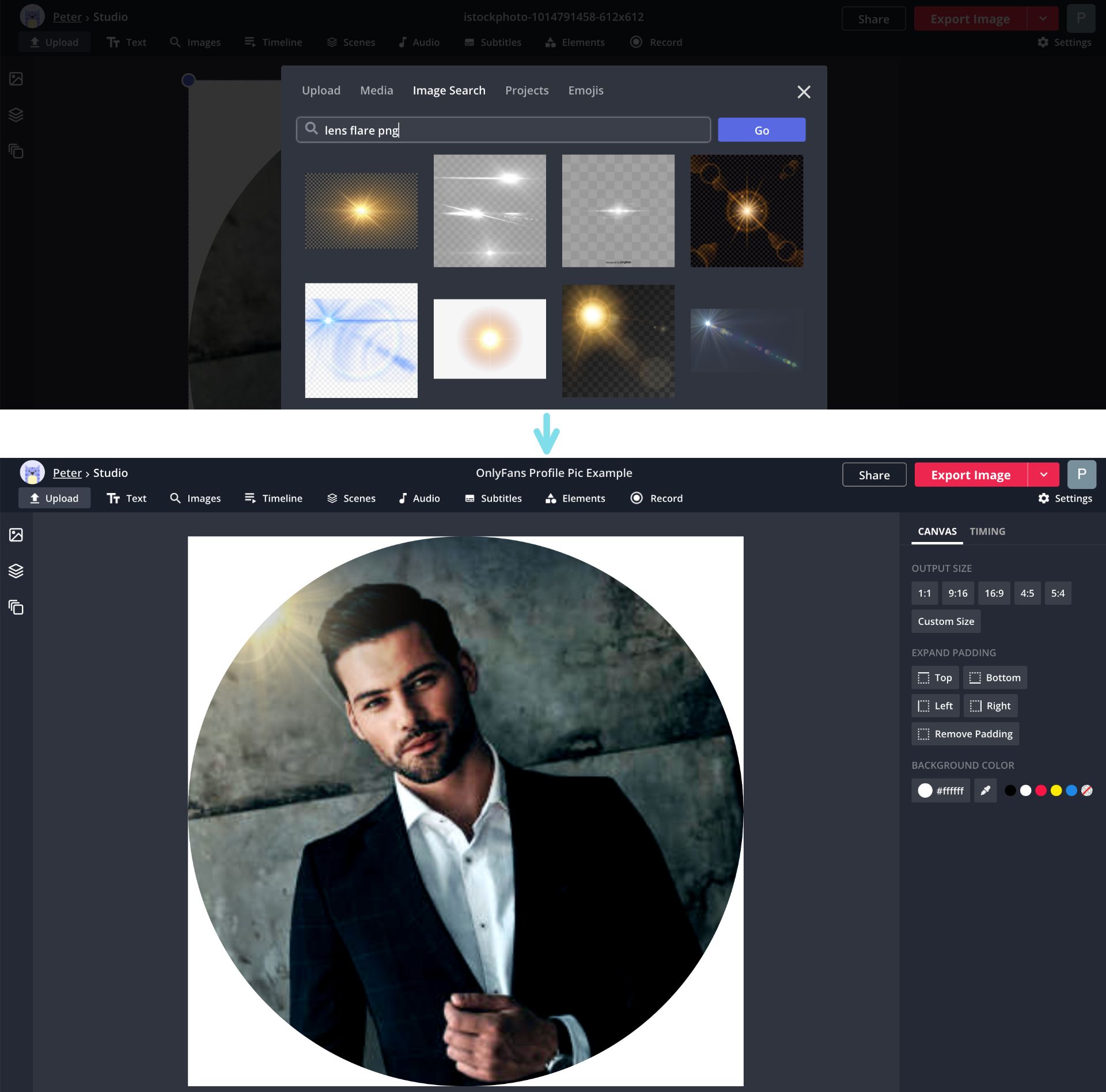 Screenshots showing how to apply visual effects to an image in the Kapwing Studio. 