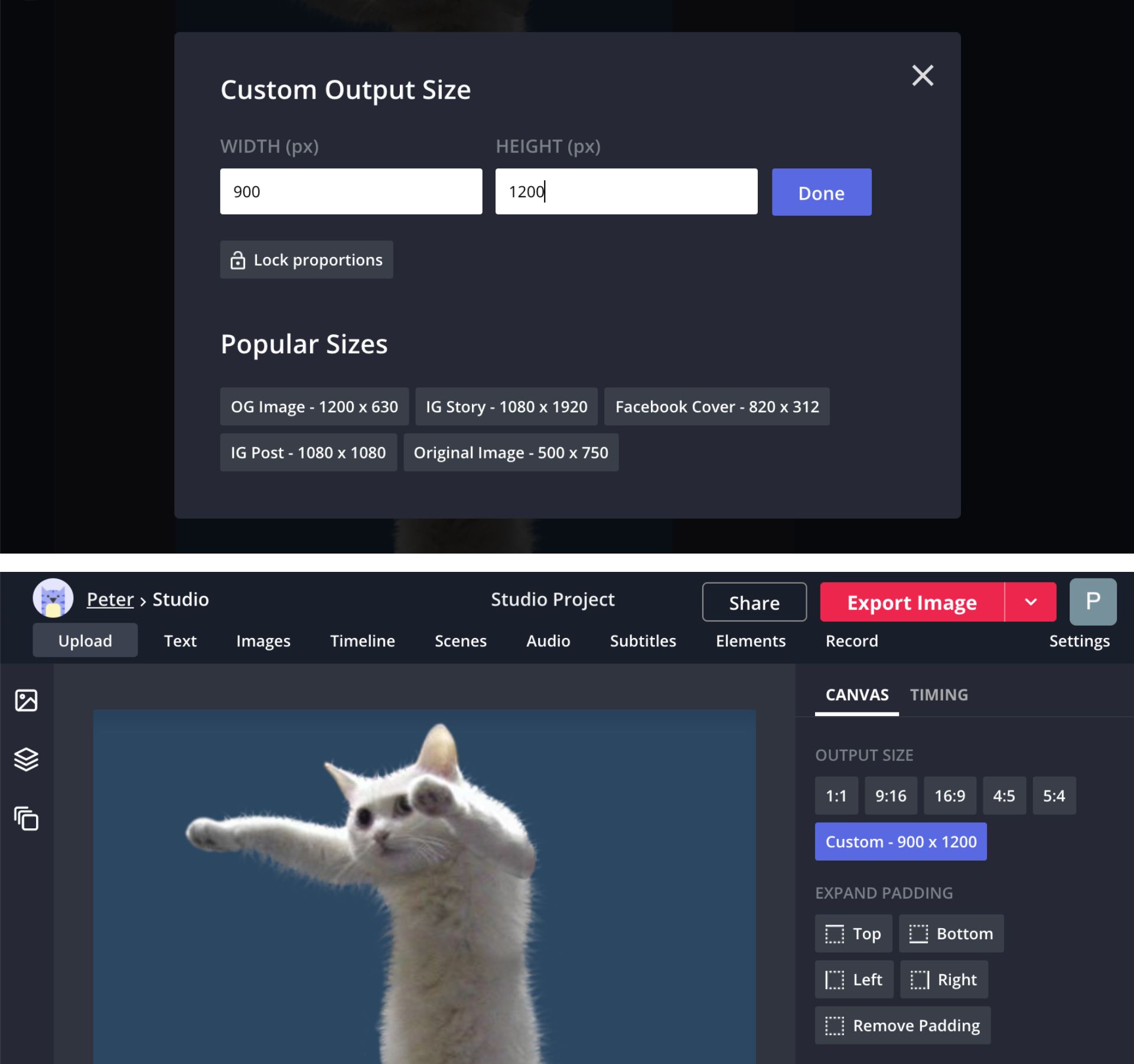 Screenshots showing how to resize images to 3:4 in the Kapwing Studio. 
