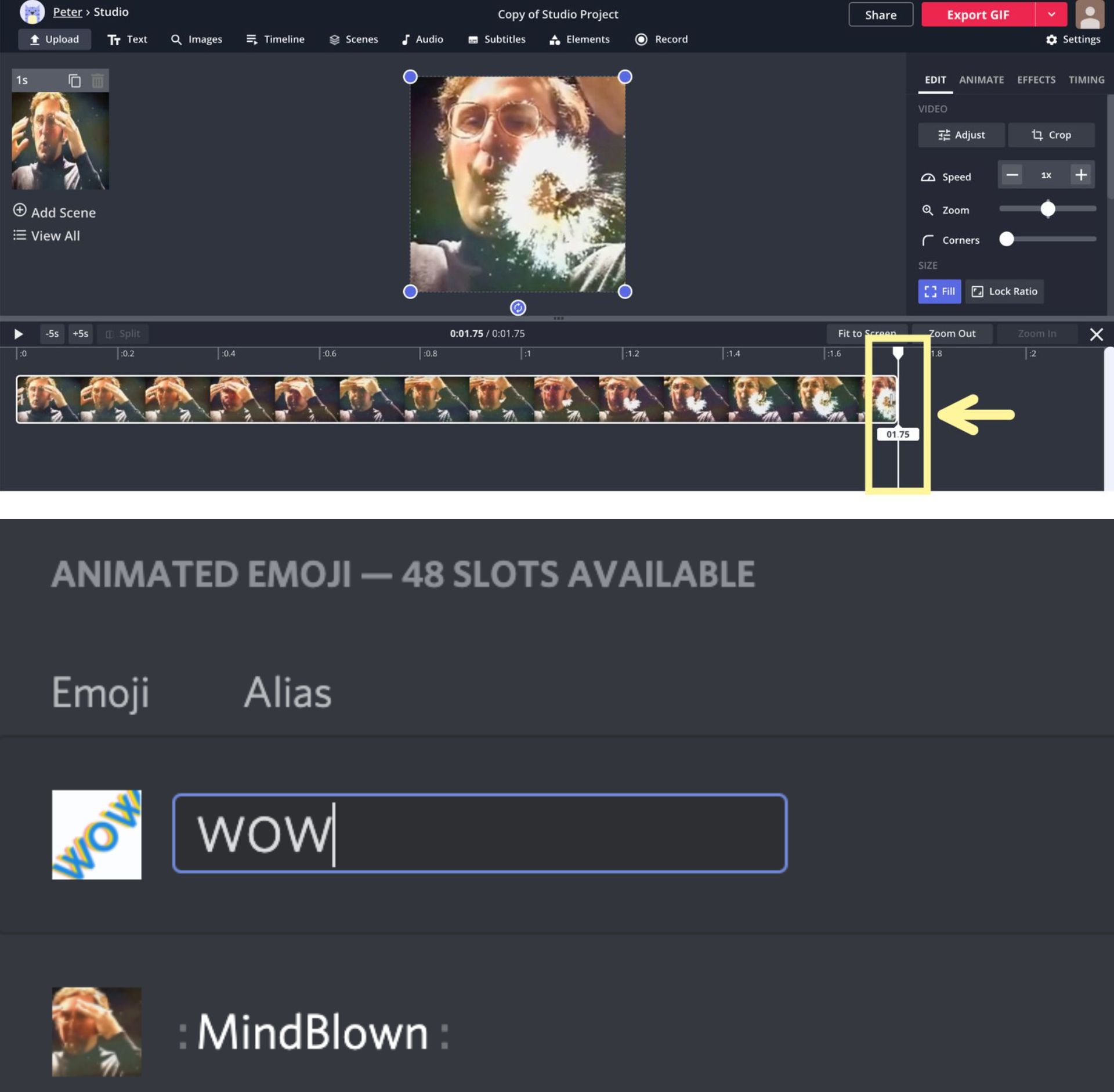 Screenshots showing how to create an animated GIF emoji in Kapwing and add it to a Discord server. 