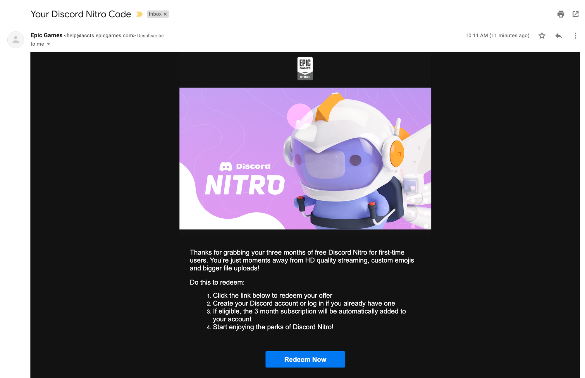 A screenshot of the email offer for free Discord Nitro. 