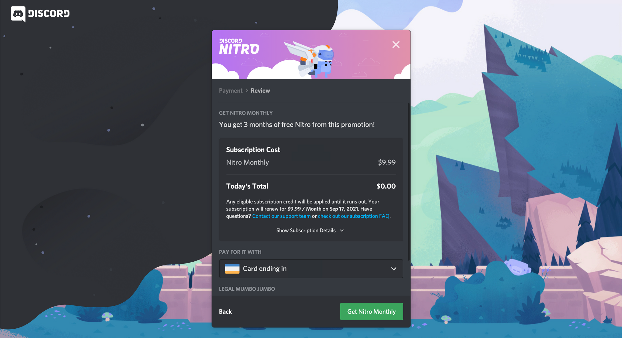 A screenshot of the payment information page required to get free Discord Nitro. 