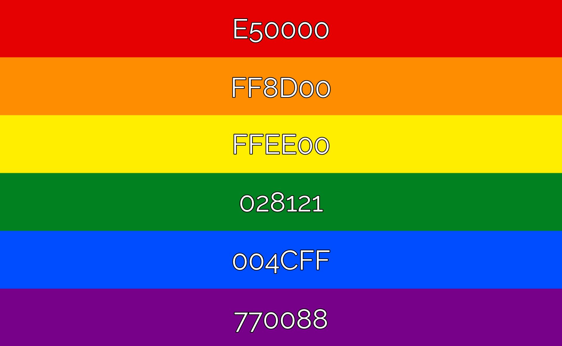 Graphic showing the classic rainbow pride flag with color codes for each featured color.